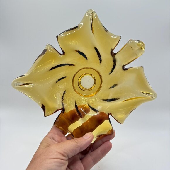 Vintage Amber Glass Leaf Bowl Fall Decor, Murano Style Art Glass Dish 1950s - 70 - Picture 2 of 7